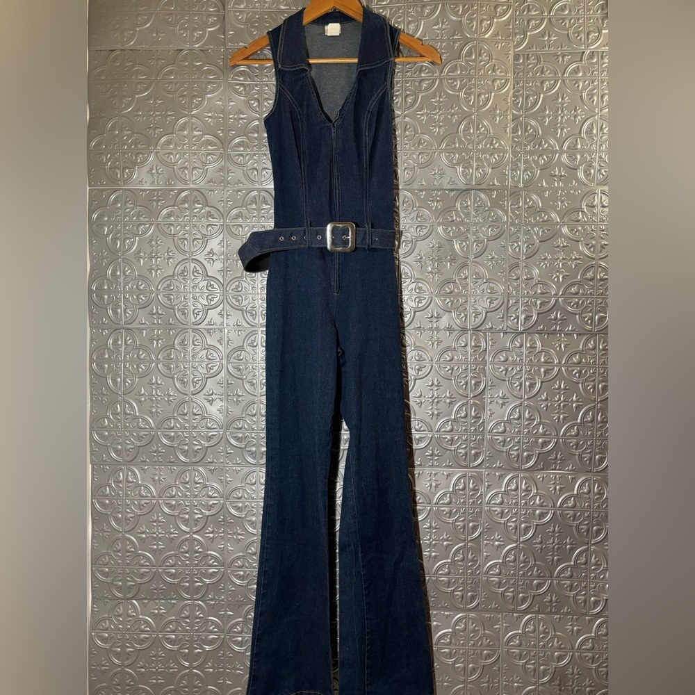 Timing USA vintage 90s Groovy daze flare denim Jean jumpsuit w/ belt festival